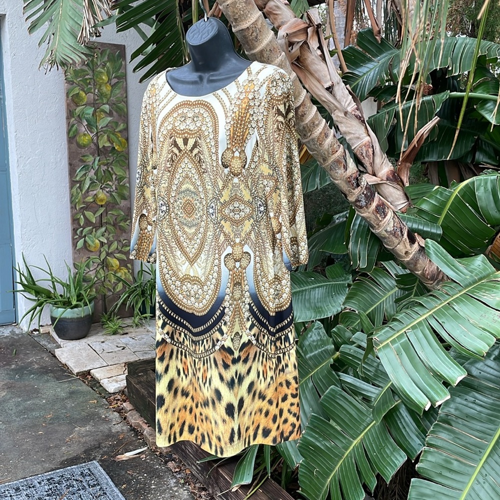 scarf print and leopard column or shift dress
